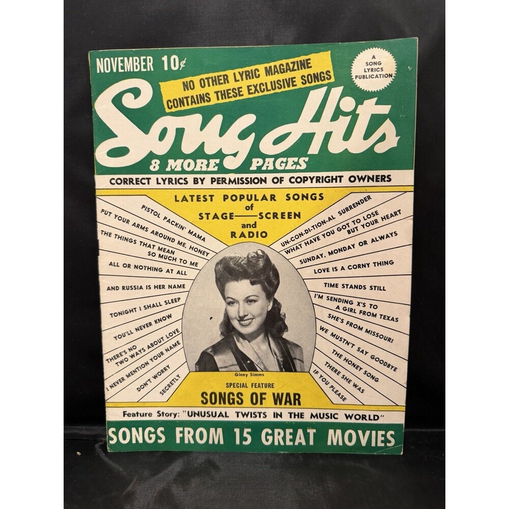 Song Hits Magazine November 1943 Songs Of War Cover WWII Era